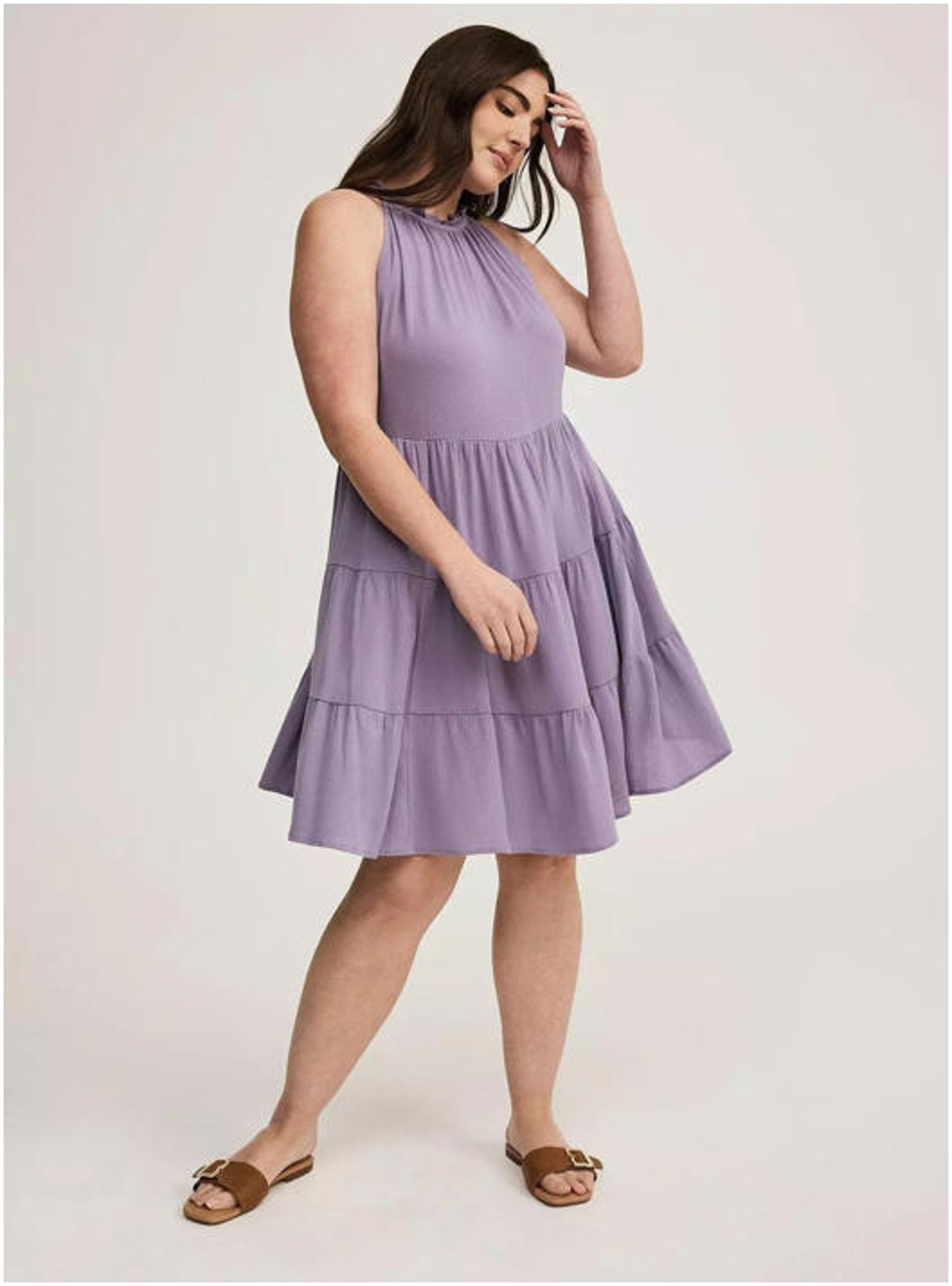 Torrid Crinkle Gauze Tiered Dress Womens Sz 0X Purple Ruffle Neck Boho Midi